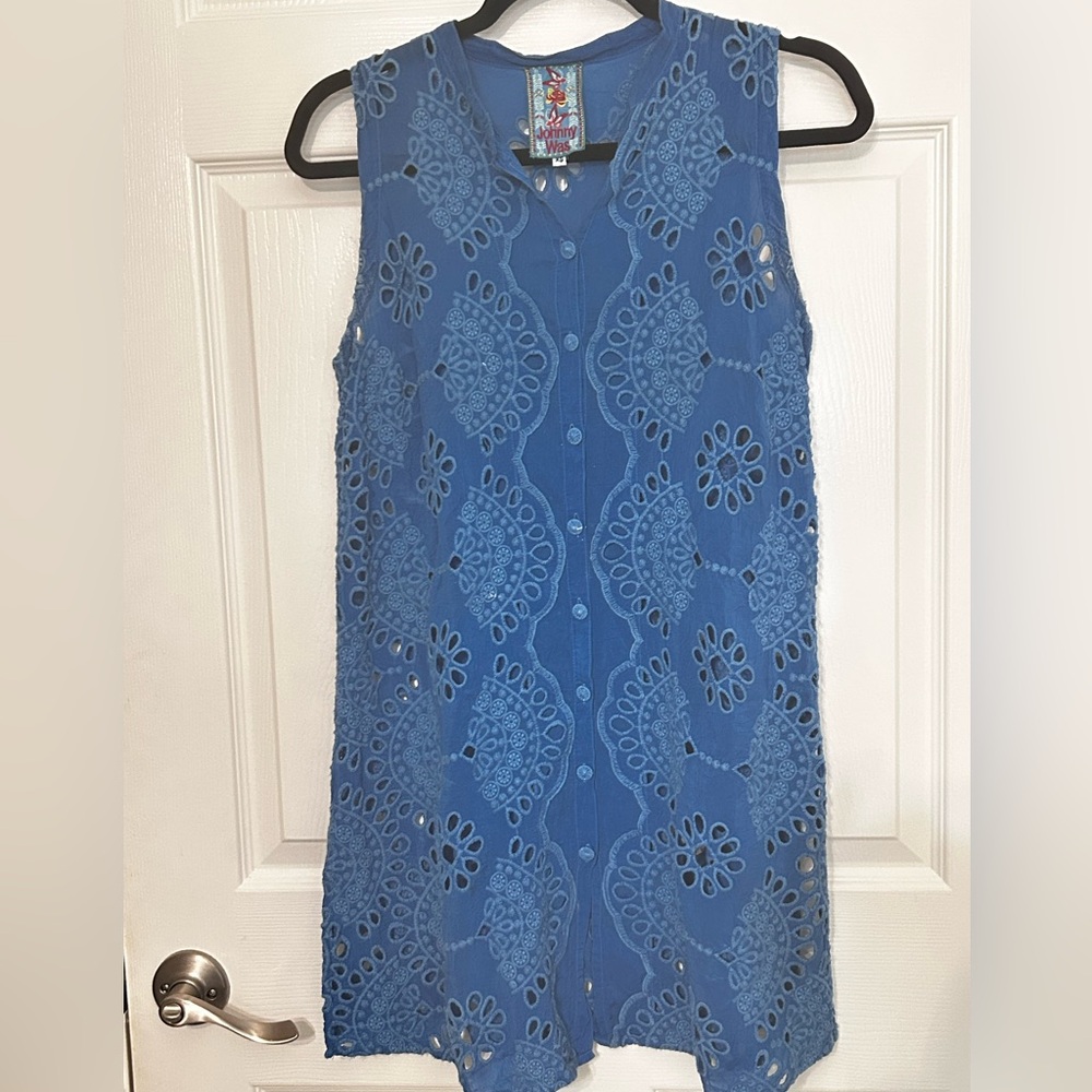 Johnny Was Blue Sleeveless Eyelet‎ Button Down Tunic XS